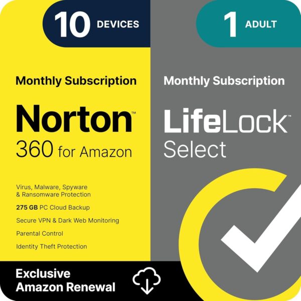 Norton 360 with LifeLock Select Bundle, 1 Year Subscription - 10 Devices - All-in-One Protection for your Devices, Online Privacy, and Identity, Activation Required [Subscription]