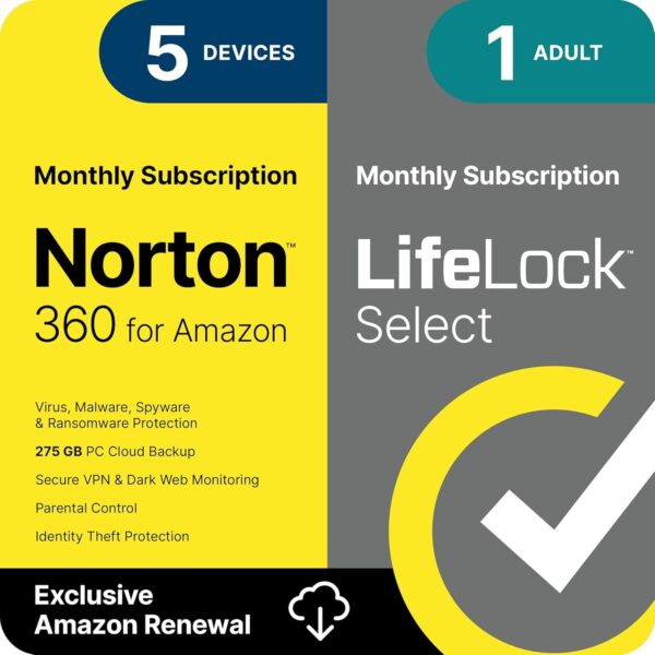 Norton 360 with LifeLock Select Bundle, 1 Year Subscription - 5 Devices - All-in-One Protection for your Devices, Online Privacy, and Identity, Activation Required [Subscription]